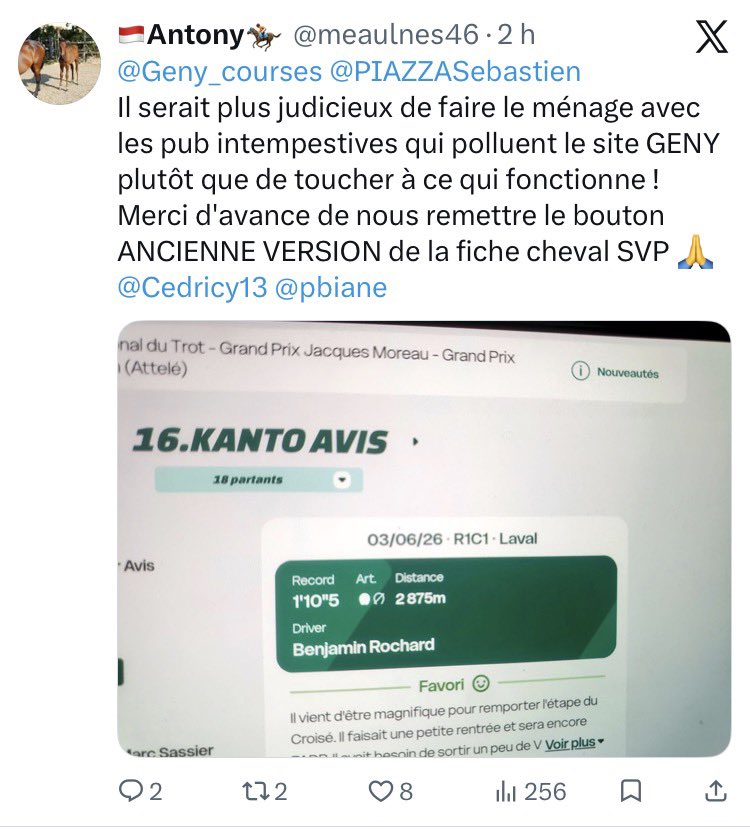 pbiane's tweet photo. #Equidia #PMU #FranceGalop #SETF #Quinté

Mon pauvre https://t.co/tp0D9jPyQg ! Qu’ont-Ils fait de toi :

🎵 J'étais un site fantastique.
J’informais des milliers de turfistes.
J'étais #Geny. Qu'est-ce qu'il en reste ?
Un corps-mort pour des cormorans.🎵 https://t.co/MTXM2Fksxq