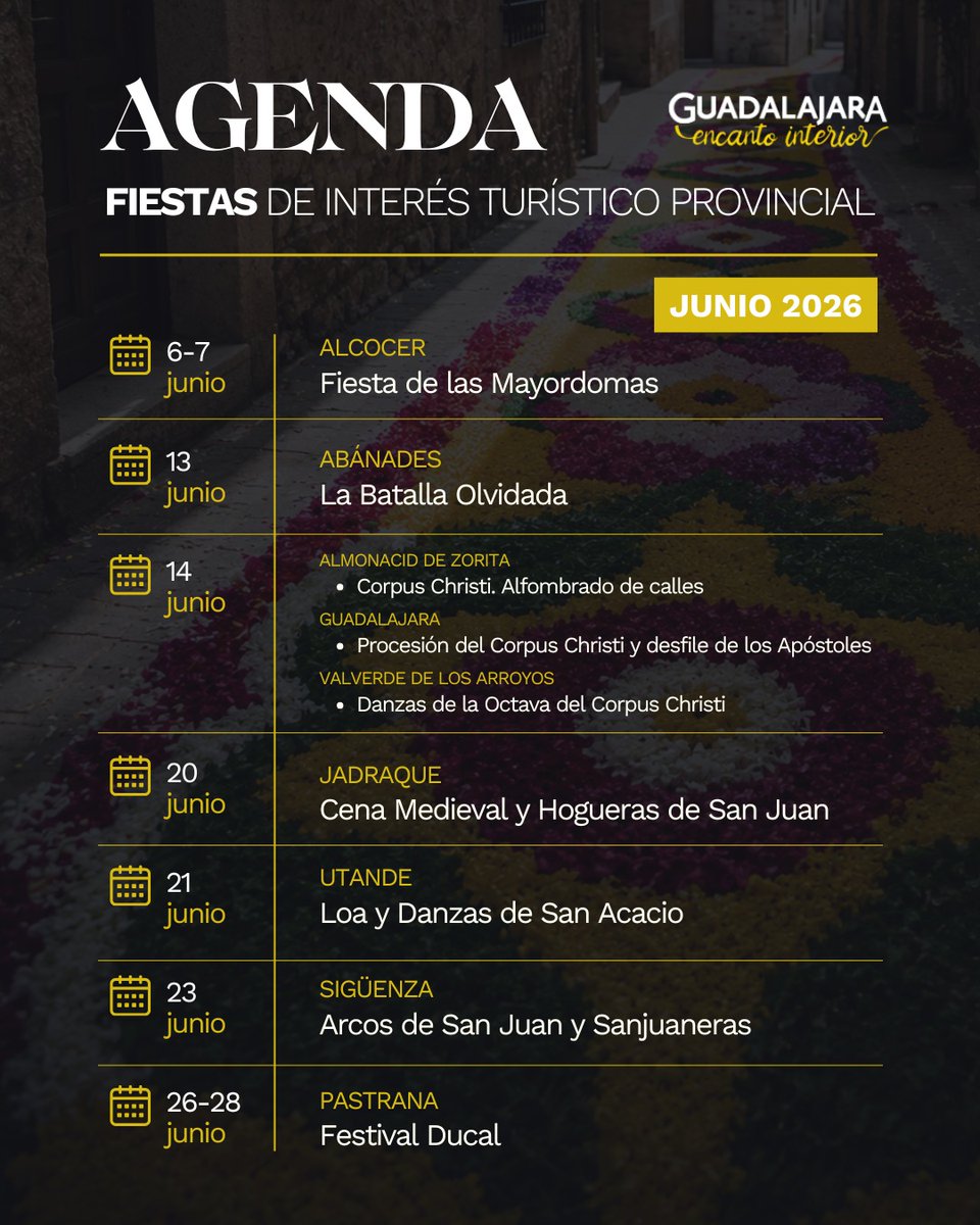 HotelGuadaCC's tweet photo. Junio llega cargado de tradición en Guadalajara. 🌟

Desde recreaciones históricas y danzas ancestrales hasta procesiones, alfombras florales, hogueras y festivales únicos, este mes reúne algunas de las Fiestas de Interés Turístico Provincial más destacadas de la provincia. https://t.co/PYOFNYE2rY