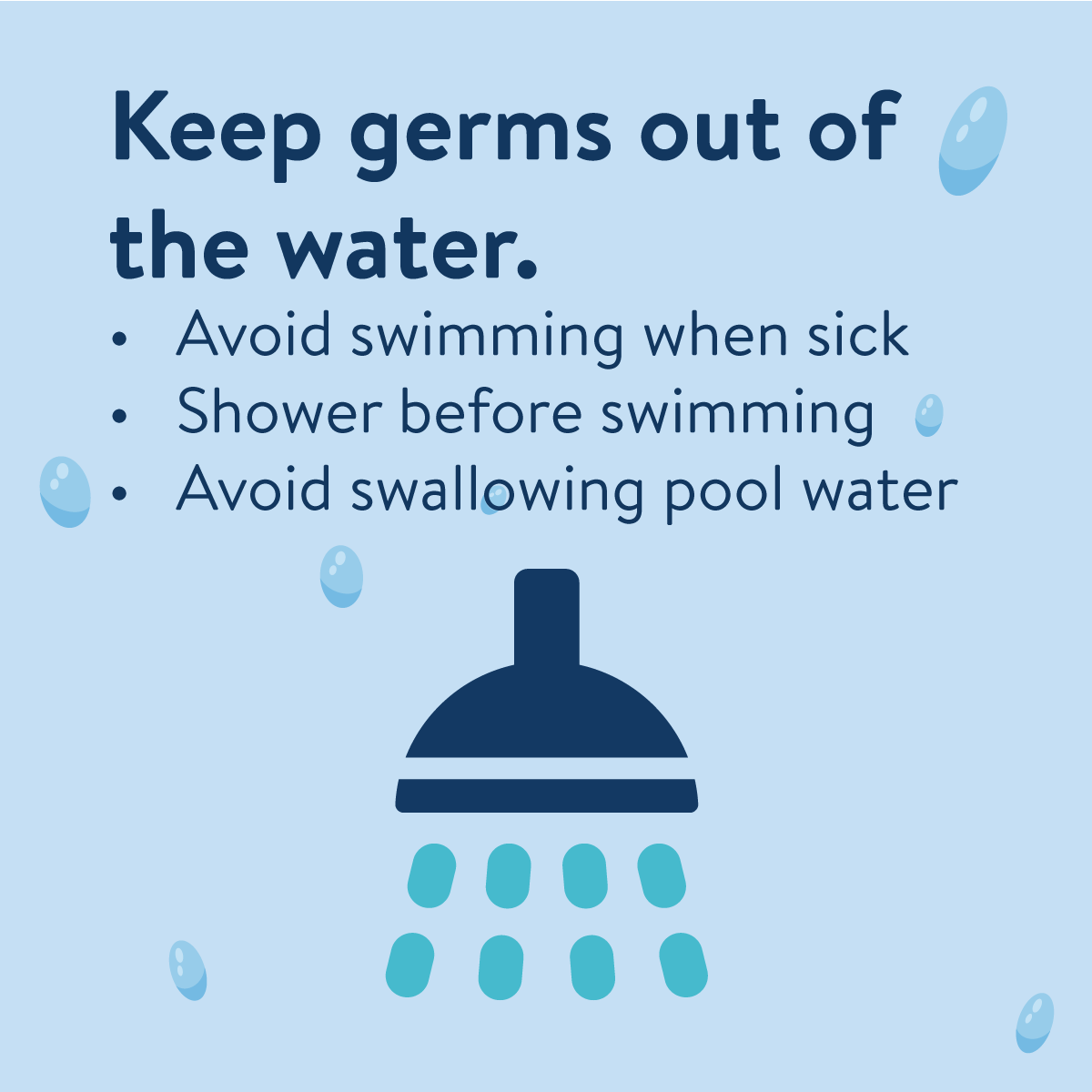 mnhealth's tweet photo. What’s really in the swimming pool? Swimmers can bring germs, sweat, skin products, and even poop into the water. Help keep pools healthy: shower before swimming, don’t swim sick with diarrhea, take bathroom breaks, and avoid swallowing pool water. #WaterWednesday #PoolSafety https://t.co/bCfyPqzqi2