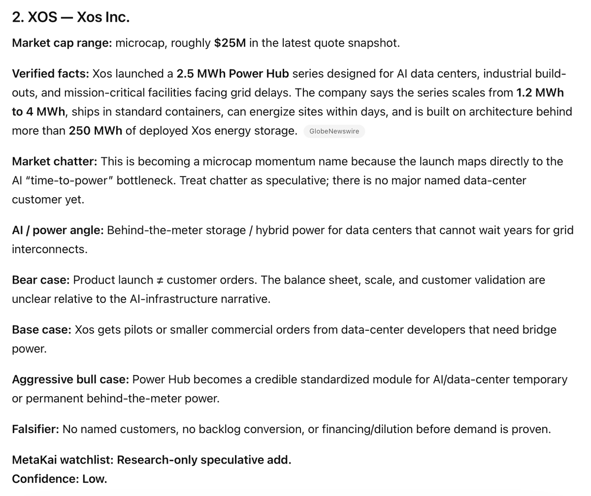 MardoResearch's tweet photo. My GPT daily "AI radar" flagged $XOS for me. 

$85 million market cap that's up 200%+ today. 

It's a battery company that targeted vans (these were trending during covid days) and now repurposing to data center battery solutions. 

Stocked popped crazy after announcement, from 20 million market cap to 85 million market cap.   

Many of these micro caps scam by releasing PR. 

However, what makes me look deeper here is that they seem to have a deployment deal, and their revenues materially grew last quarter. Going to do more DD and see what I can find. 

I acquired a tiny allocation to keep it on my radar. This could be a re-rating story if management executes like $BE or $FCEL.