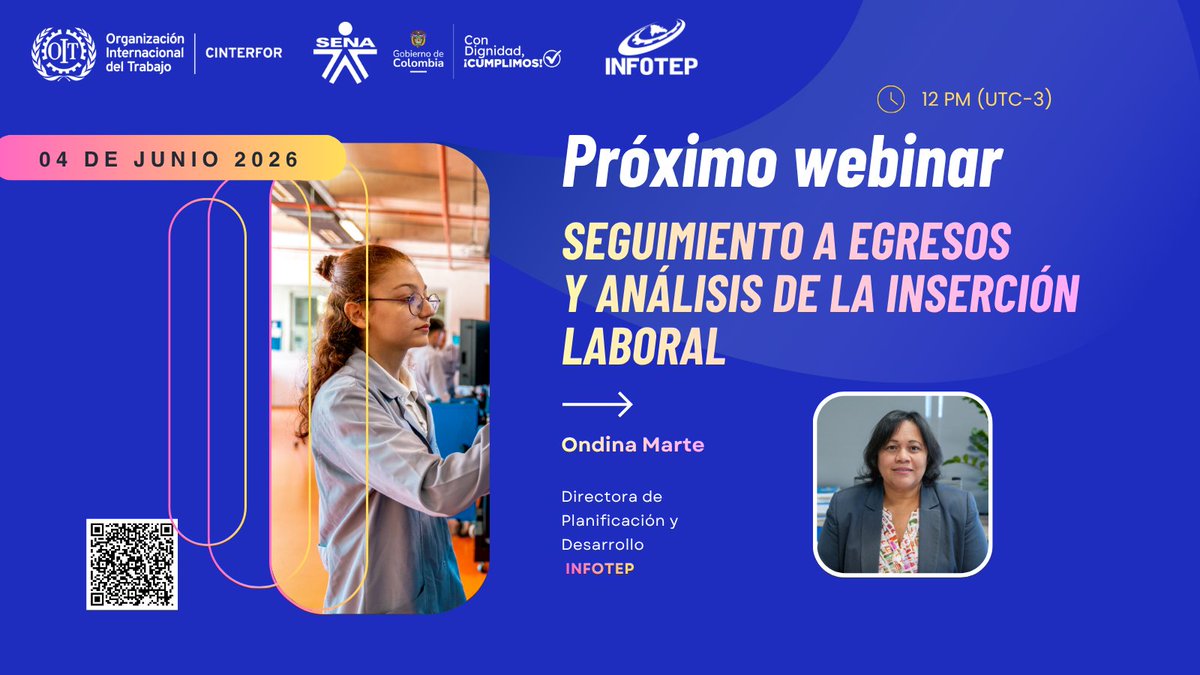 OITCinterfor's tweet photo. 📌Jueves 4 de junio · 12:00 PM (UTC-3) 

Mañana tendremos el próximo webinar que cierra el ciclo sobre buenas prácticas en seguimiento a egresos y pertinencia formativa.

En esta sesión conoceremos la experiencia del @InfotepRD Instituto Nacional de Formación Técnico Profesional de República Dominicana. Perspectiva y herramientas para el seguimiento.

✔️ Panelista: Ondina Marte, Directora de Planificación y Desarrollo

Actividad en el marco del Convenio 2026 entre #Cinterfor y @SENAComunica de Colombia.

Te esperamos!! 
Registro previo: https://t.co/TN7pwsbOiI