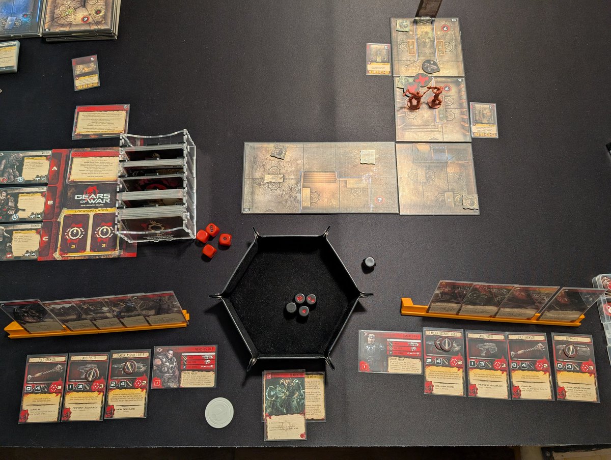Platitsco's tweet photo. Gears of War Scenario 1. Lost the first game because Cole ran too far ahead and ended up getting ganked 😭 Second game was a victory. Baird Killed two boomers in the same space using grenades, then Cole chainsawed the final wretch and drone using his "Slaughter" card. https://t.co/vRSUgi7oVE