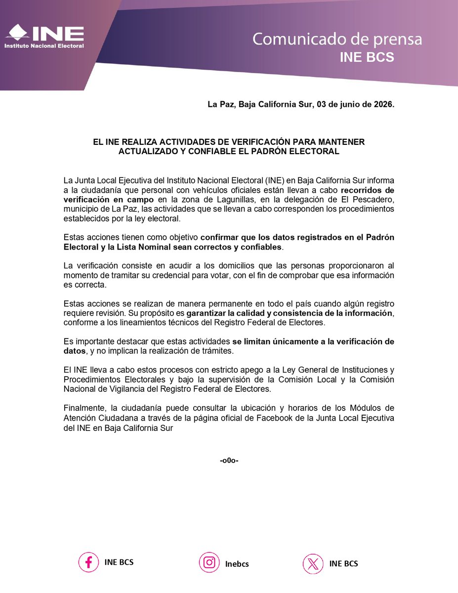 INE_BCS's tweet photo. Derivado de publicaciones recientes en redes sociales, el INE en Baja California Sur informa que la presencia de su personal en Lagunillas, El Pescadero, corresponde exclusivamente a actividades de verificación registral.
👉 Consulta el boletín completo: https://t.co/SSyFaat6Nr