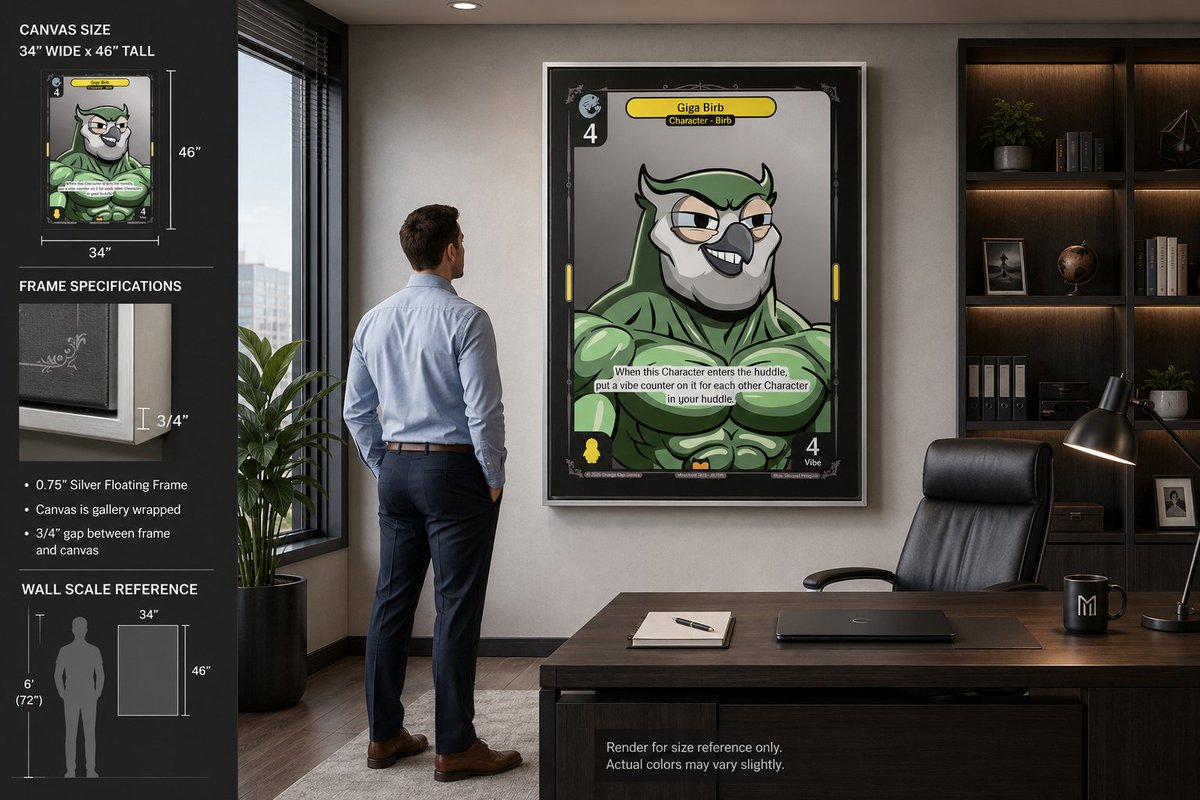 bigbiceps's tweet photo. Me: "I'll just get a nice canvas of my favorite card."

checks render

Me: "Why is Giga Birb the largest piece of art in my entire house?"

This thing is one motivational speech away from filing my taxes and critiquing my physique.

@moonbirds @vibes_tcg https://t.co/zM7rFkVEuy