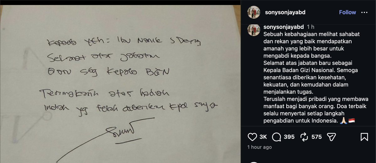 onadeonft's tweet photo. dadan botak cs di cepuin kah?

...Terimakasih atas hadiah indah yg telah diberikan kpd saya... 
 postingan dari IG resmi  Sony Sanjaya, salah satu tersangka korupsi BGN yang ditahan hari ini.  Postingan ini diunggah ke Instagram sekitar pukul  23.00 WIB, bbrp jam setelah ditahan. 
Berisi ucapan selamat kepada Bu Nanik atas jabatan kepala BGN.  
 Yg aneh adalah kalimat penutup. "Hadiah yg telah diberikan" ? Apakah ini kode? Bahwa Bu Nanik yang.....?
ytta