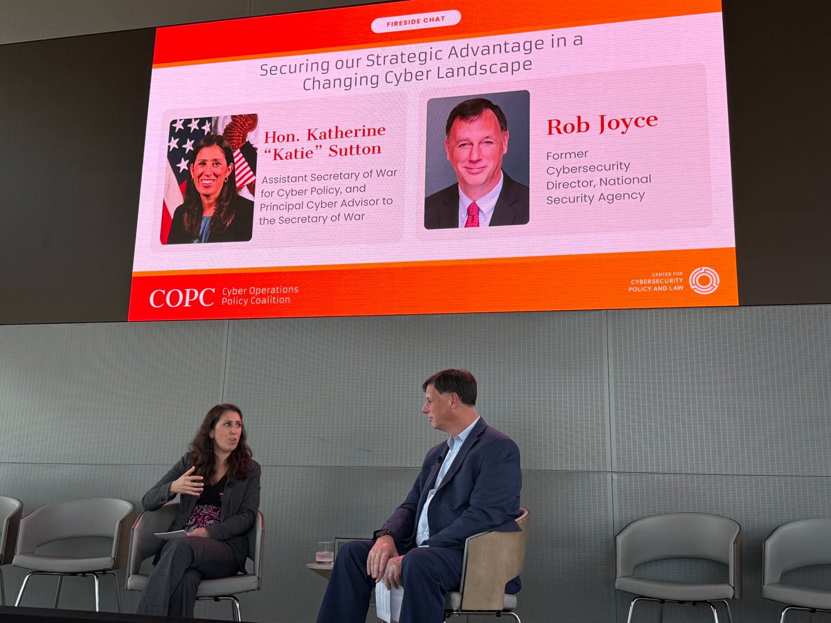 CyberSecCenter's tweet photo. Today’s first fireside chat featured Hon. Katherine "Katie" Sutton, Assistant Secretary of War for Cyber Policy, and Rob Joyce, Former Cybersecurity Director at the National Security Agency, to discuss “Securing Our Strategic Advantage in a Changing Cyber Landscape.” https://t.co/hQ2x4T3g9g