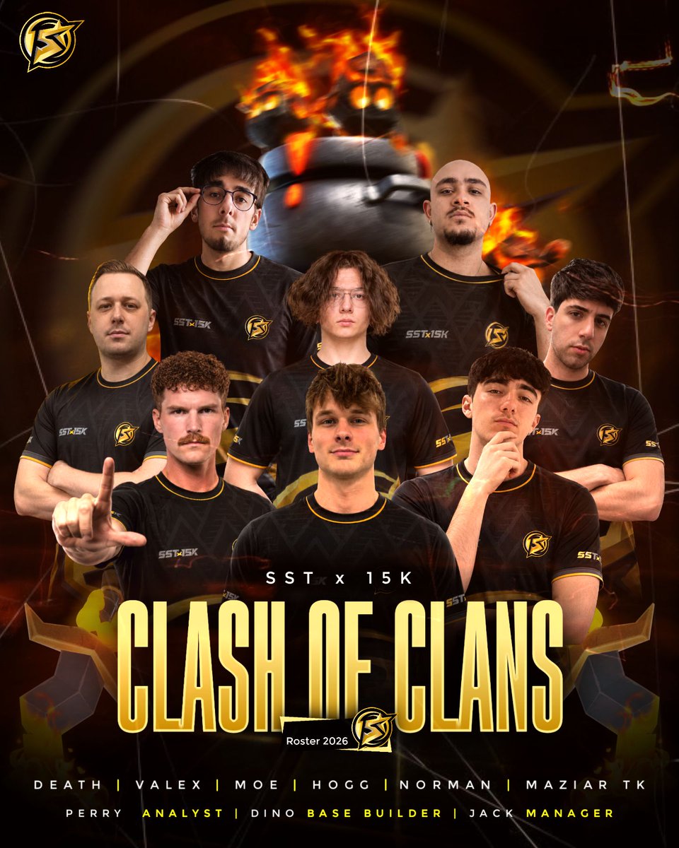 sstx15k's tweet photo. ⚔️ Official SST x 15k Clash of Clans 2026 Roster ⚔️

🇺🇸 Moe (C)
🇺🇸 Hogg
🇺🇸 Death
🇮🇹 Norman
🇮🇹 Valex
🇮🇷 Maziar-TK

Staff:
🇺🇸 Perry — Owner &amp; Analyst
🇺🇸 Jordan — Owner
🇧🇾 Dinomiks — Base Builder
🇮🇳 Jack — Team Manager

Ready for 2026. The grind begins. 🏆

#ClashOfClans #CoCEsports https://t.co/dZ15tCXvGN