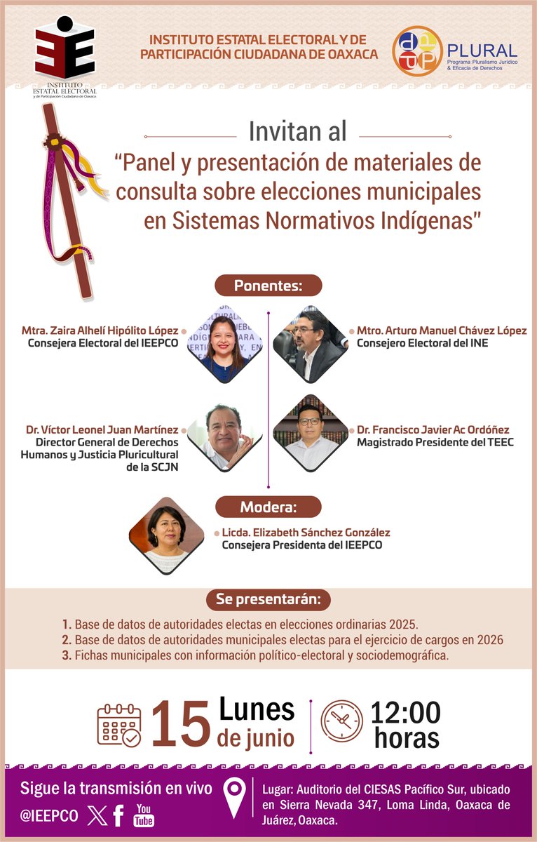 IEEPCO's tweet photo. 📢Te invitamos al “Panel y presentación de materiales de consulta sobre elecciones municipales en Sistemas Normativos Indígenas”. Participan: @ZairaGixi, Arturo Chávez, Víctor Juan Martínez y @FranJAcOrdonez. Modera: @Elizabeth_SG1.
🗓️15 de junio
⏰12:00 hrs
📍CIESAS Pacífico Sur https://t.co/Bt0iTMsEe5