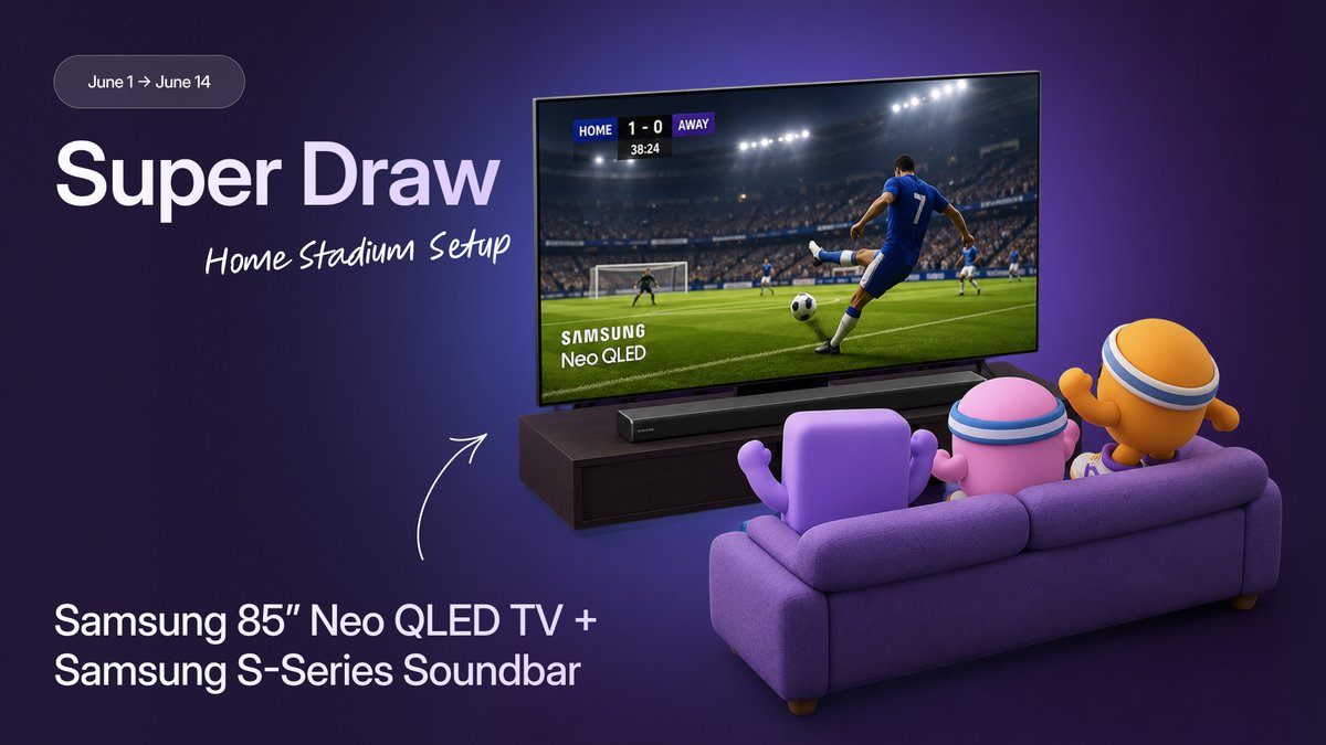 Sweatcoin's tweet photo. Get your dream setup with our latest Super Draw ⚽️

Enter now for a chance to win a Samsung 85" Neo QLED TV + Samsung S-Series Soundbar and bring every goal, save, and last-minute winner to life 🤯🔊

Each entry costs just 2 Sweatcoins!

Available until June 14: https://t.co/bUkG6hp4wz
