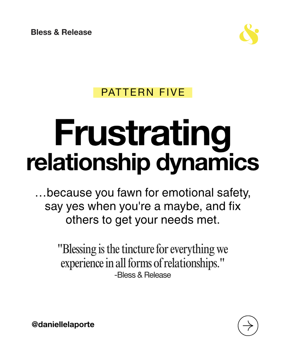 DanielleLaPorte's tweet photo. 5. Frustrating relationship dynamics.

You fawn for emotional safety. Say yes when you're a maybe. Fix others to get your needs met.
Blessing is the tincture for everything we experience in all forms of relationships. https://t.co/hHG9G9EtLY