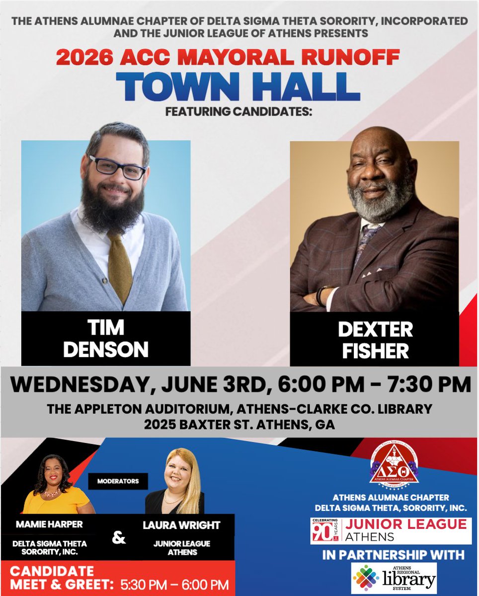 NerdAthens's tweet photo. A final mayoral debate will be held TONIGHT at the ACC Library at 6 pm, hosted by the Athens Alumnae Chapter of Delta Sigma Theta Sorority in partnership with the Junior League of Athens. https://t.co/ujFkaZGJDx