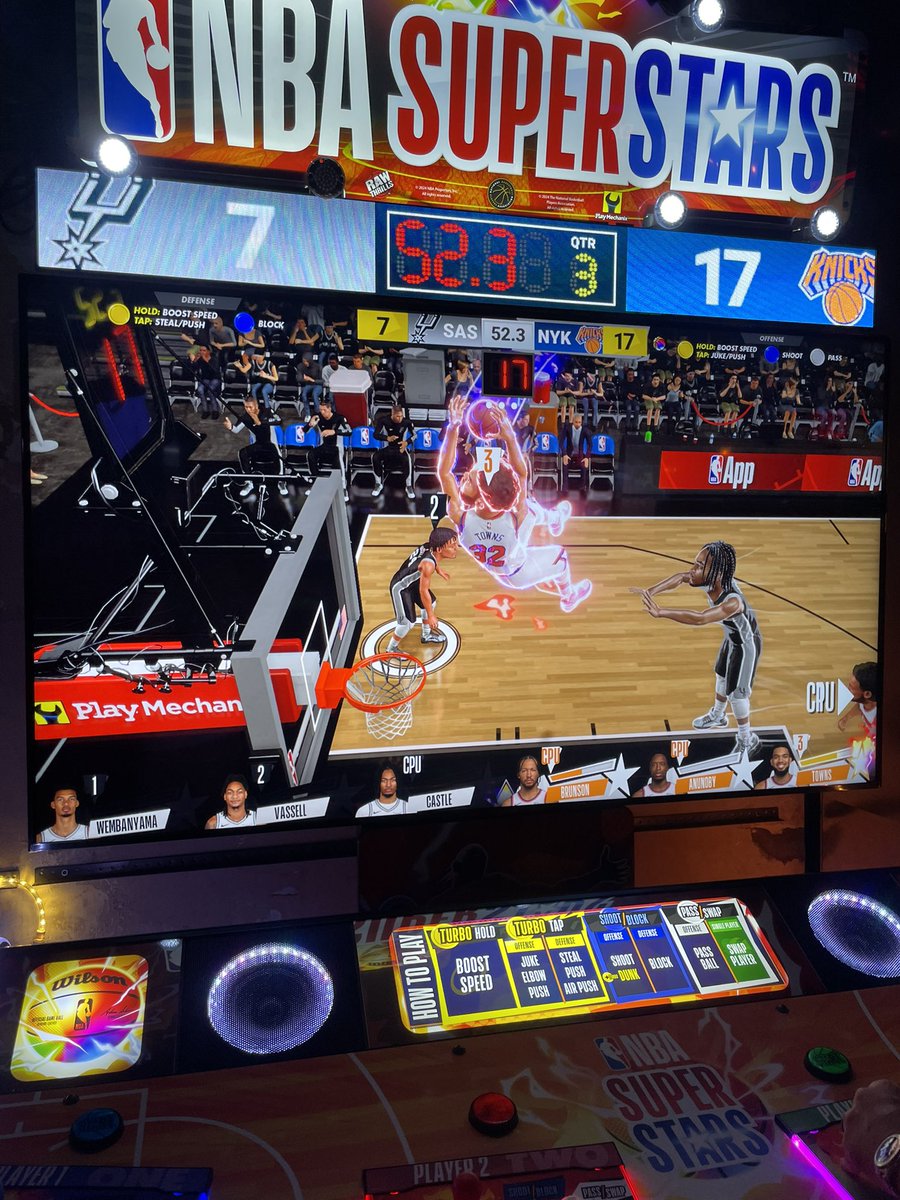 barcade's tweet photo. Don’t just watch the game – PLAY the game! The enormous 4-player NBA Superstars is in FiDi and Center City Philly!! Warm up for the 8:30 tip-off with games and drinks (we will have the game on TV as well – at all Barcade locations)!!! #Barcade #arcade #NBASuperstars #Knicks #NBAFinals