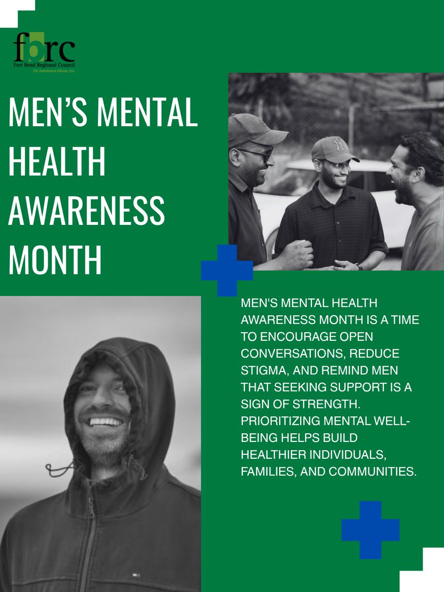 FortBendCPC's tweet photo. Men’s Mental Health Awareness Month reminds us that mental health is just as important as physical health. Checking in, speaking up, and seeking support can make a difference. 💚

#MensMentalHealthAwarenessMonth #MentalHealthMatters #EndTheStigma https://t.co/uLFygWBUzw