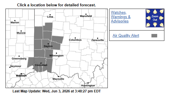 NWSILN's tweet photo. In addition to areas near the Tri-State, portions of the Miami Valley are also under an Air Quality Alert for tomorrow. For full details, visit https://t.co/HTL8SR8ayJ https://t.co/m2f7FxvkRt