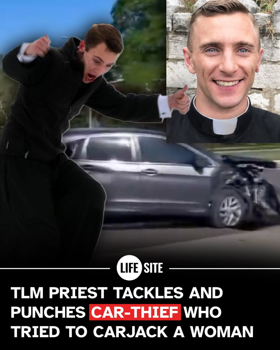 LifeSite's tweet photo. EXCLUSIVE: Latin Mass priest who tackled and restrained suspected car thief talks to LifeSite.

“I simply did what my conscience and good Catholic education naturally and instinctively told me to do.”

https://t.co/xW3u2cHf25 https://t.co/ZUVCD7rph6
