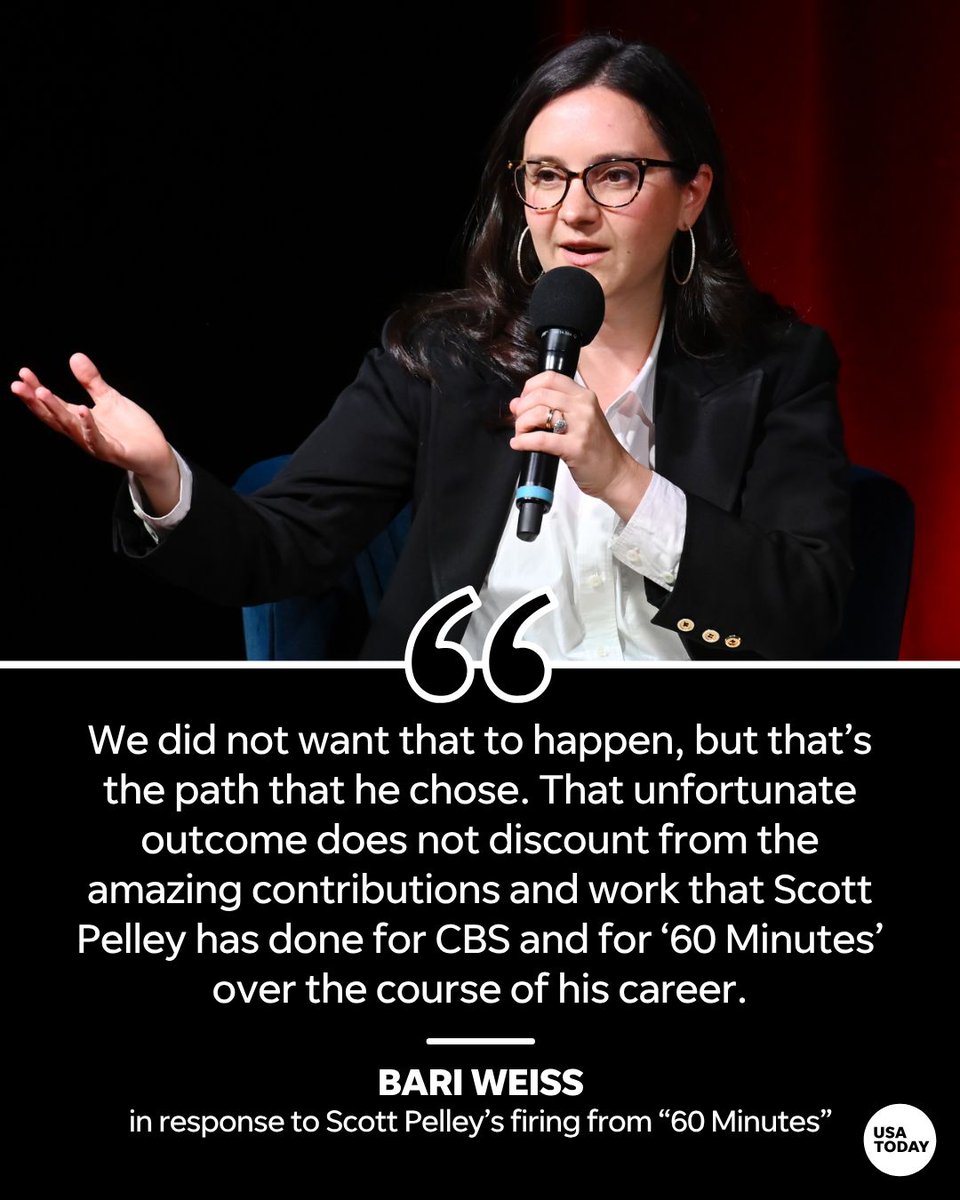 USATODAY's tweet photo. CBS News Editor-in-Chief Bari Weiss has broken her silence on Scott Pelley's departure from "60 Minutes." https://t.co/ZznVDYidX0

📸: Noam Galai/Getty Images for The Free Press https://t.co/iqnZlNGf4u