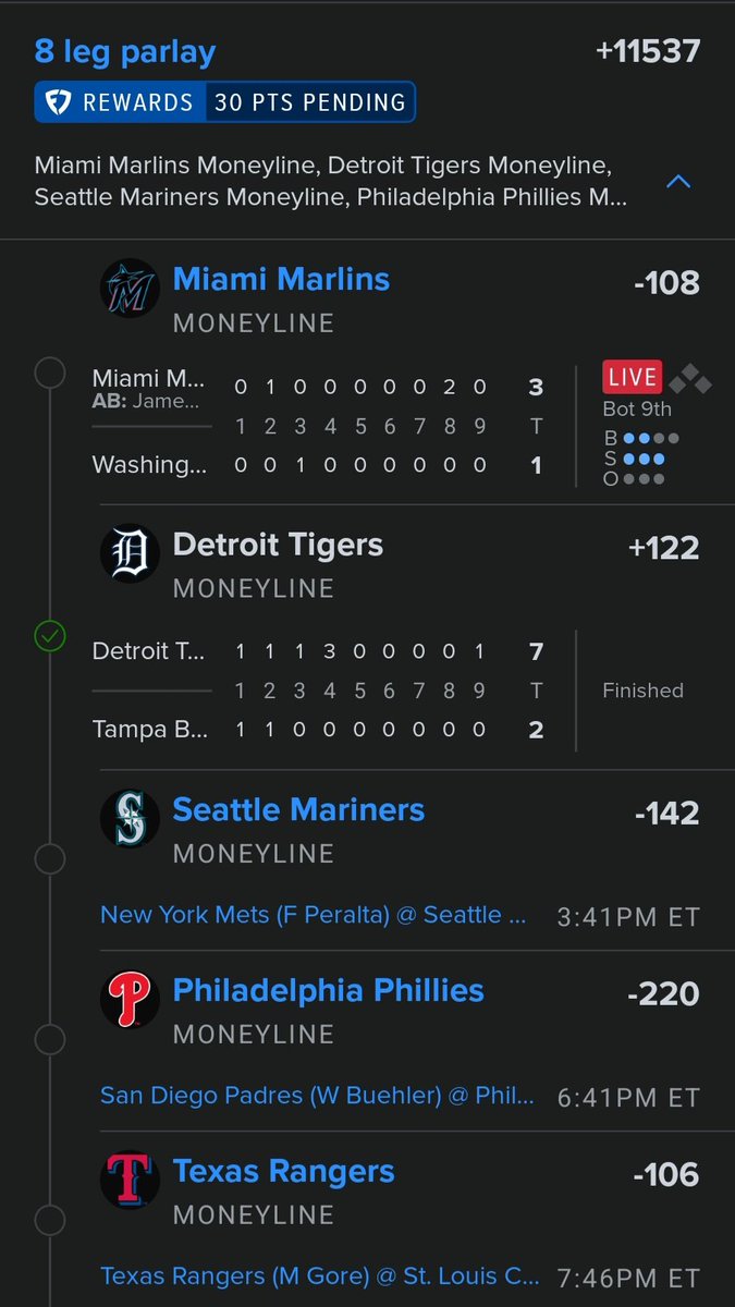 SportsWithTheo's tweet photo. 🎰 MONEYLINE LOTTO 🎰

Placed an 8-leg MLB moneyline parlay this morning.

✅ Detroit Tigers ⏳ Miami Marlins ⏳ Seattle Mariners ⏳ Philadelphia Phillies ⏳ Texas Rangers ⏳ Pittsburgh Pirates ⏳ Colorado Rockies ⏳ Los Angeles Dodgers

💰 $5 → $581.90

The Tigers already got the job done, and the Marlins are closing in. Still a long road ahead, but that's why they call it the Moneyline Lotto.

Will the ticket survive the night? 👀

#MLB #SportsBetting #Baseball #Parlay #MoneylineLotto #SportsWithTheo
