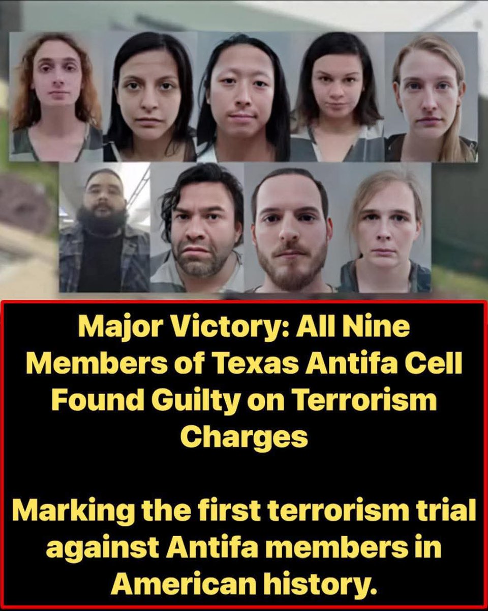 Sassafrass_84's tweet photo. MAJOR VICTORY: ALL NINE MEMBERS OF THE NORTH TEXAS ANTIFA CELL CONVICTED.

A federal jury in Fort Worth has found all nine defendants guilty on terrorism-related charges — including providing material support to terrorists, rioting, conspiracy to use explosives, and more.

This stems from their violent attack on July 4, 2025, at the Prairieland ICE Detention Center in Alvarado, Texas. The group arrived in black bloc, launched fireworks and explosives, slashed tires, vandalized property, and shot at officers — wounding an Alvarado police officer.

One defendant was also convicted of attempted murder.

This is the first federal terrorism trial and convictions against Antifa members in U.S. history. Domestic terrorists who target law enforcement and federal facilities will be held accountable.

No more excuses. No more "mostly peaceful" lies.

Justice served.