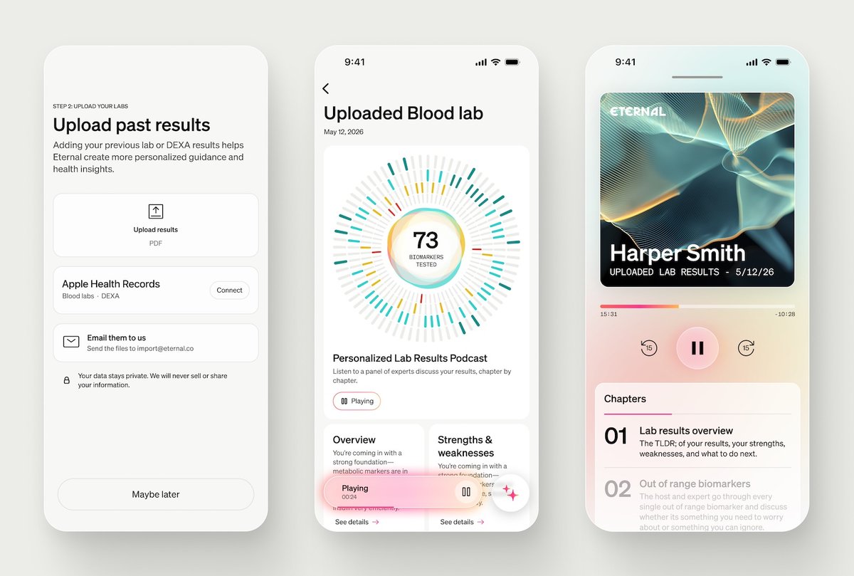 mikwat's tweet photo. Today, we're making Eternal AI available to everyone. It's private, grounded in your own health and fitness data, and built to connect you with real clinicians through our platform.

https://t.co/9NWGGY1GNU https://t.co/5pvF9qvPeP