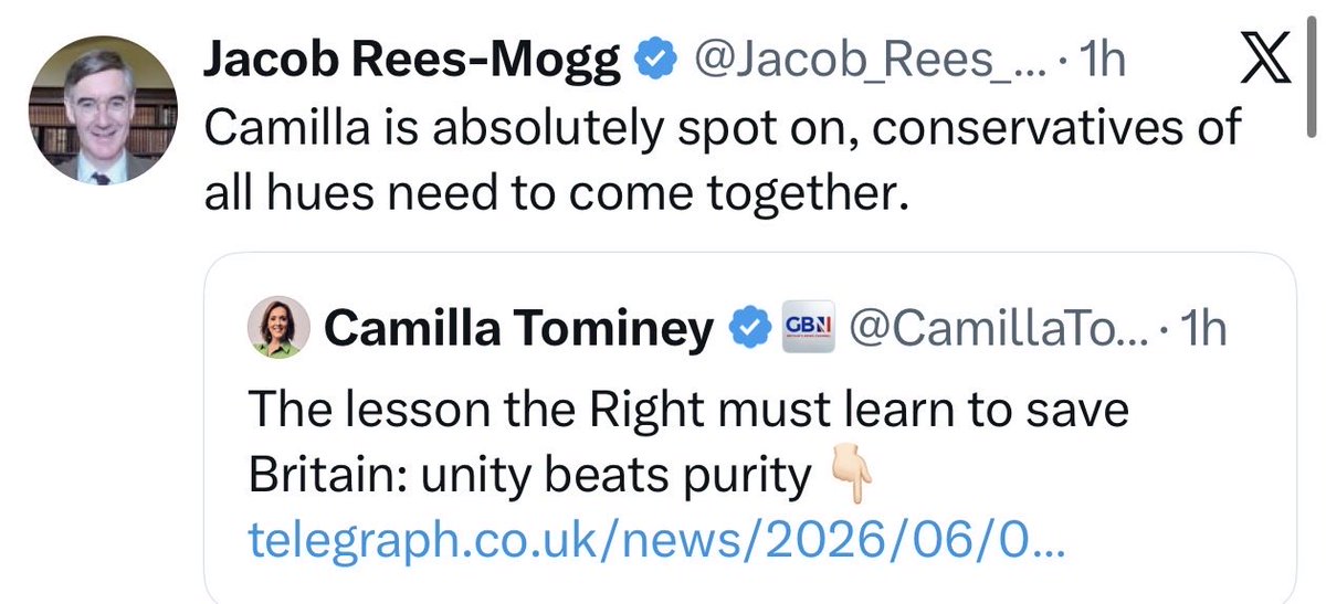 ZiaYusufUK's tweet photo. The Tory Party’s last attempt to survive is  its stooges bleating about “uniting the right” on GB News and in the Telegraph.

Reform voters would rightly desert us if we did a deal with the party that imported 12 million people in 14 years, created Police Race Action Plans, injected wokery into the veins of our institutions and raised taxes to post war highs.

Reform was built, in part, to destroy the Tory Party.

It is a necessary precondition for Britain to flourish.

Much progress has been made, but there is more to do.

Never forget.

Never forgive.