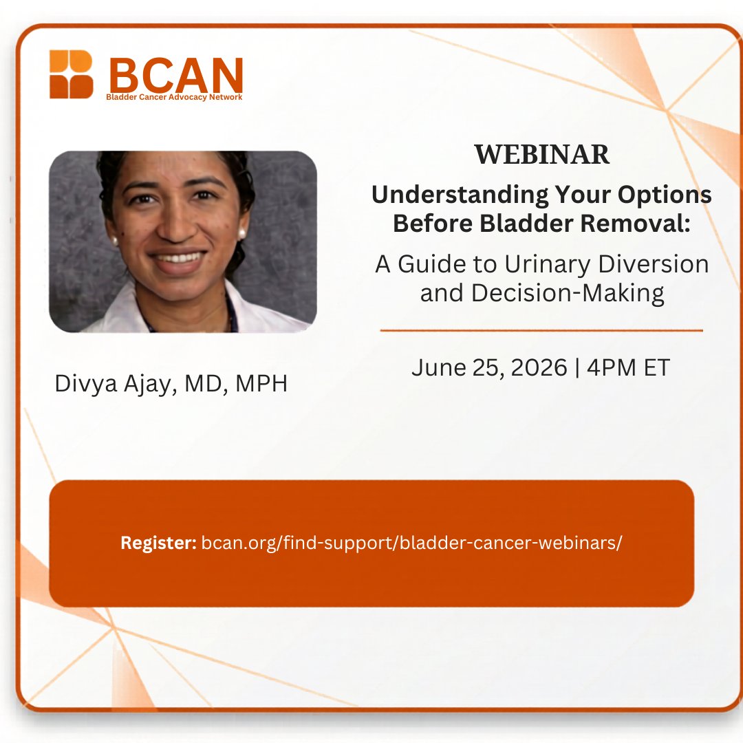 BladderCancerUS's tweet photo. We are pleased to welcome @divyaajay_uro of @MSKCancerCenter on June 25 at 4 PM ET for a webinar.

Dr. Ajay will share her expertise on urinary diversion options after bladder removal surgery, shared decision-making, and tools that help patients make informed treatment choices. https://t.co/3jdj5BO10W