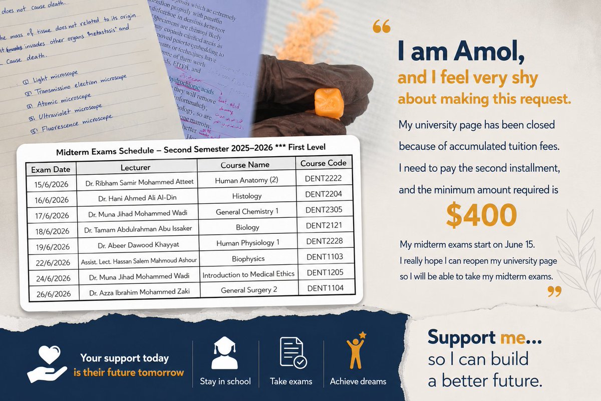 aya_albattsh's tweet photo. Please help me. I urgently need to pay the second installment of my university fees.

I don’t want to see my dream fade away after everything I have been through and everything I have done to reach this point.
I just need a chance to continue my education…💔💔 https://t.co/MsVipy5DTD
