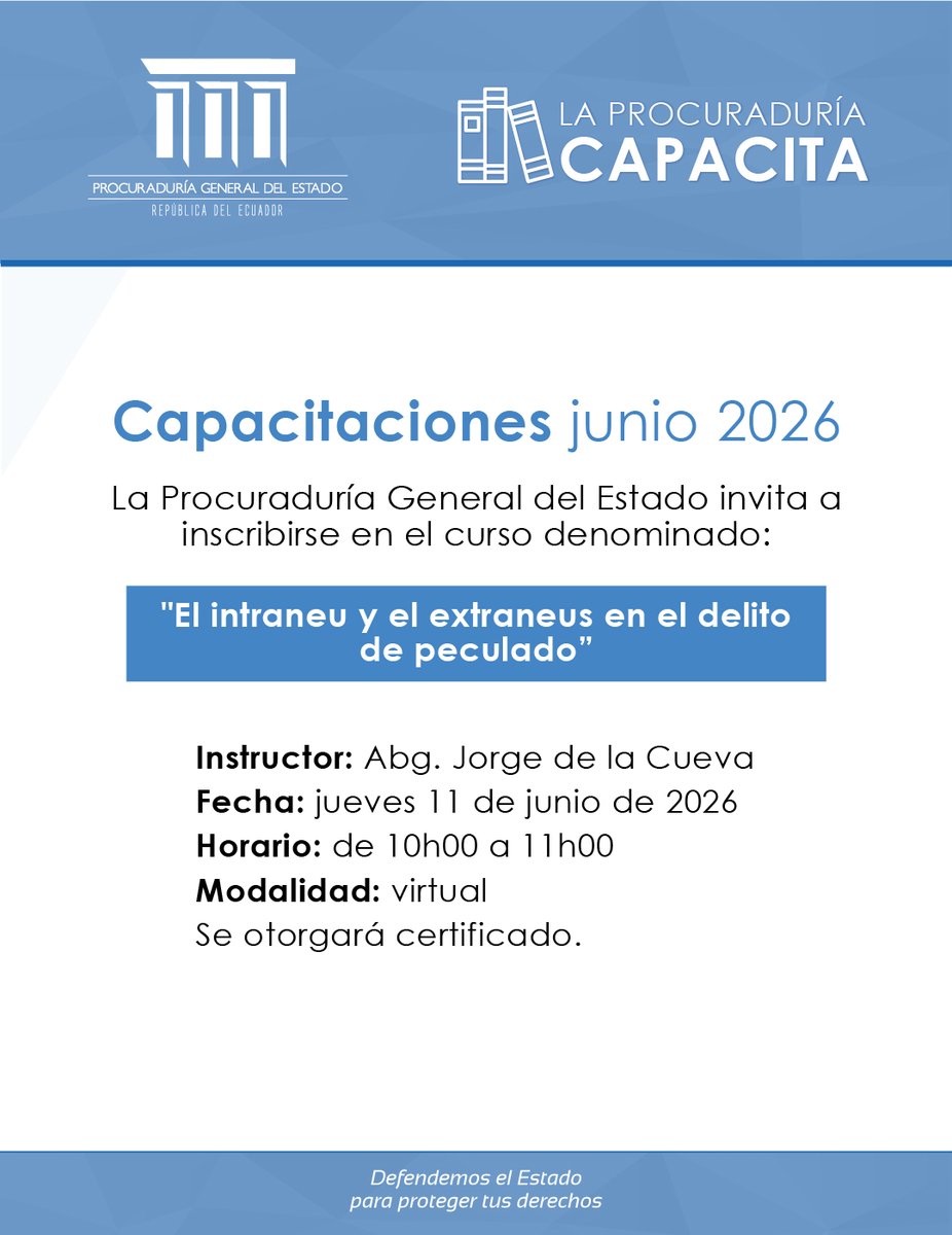 PGEcuador's tweet photo. #LaProcuraduríaCapacita | El delito de #peculado es la apropiación o utilización indebida de bienes, fondos o recursos del Estado por parte de funcionarios o servidores públicos. Conoce más sobre este tema en este curso.

💻Inscríbete➡️https://t.co/yozLhY5G8N https://t.co/FuRtAxEgKL