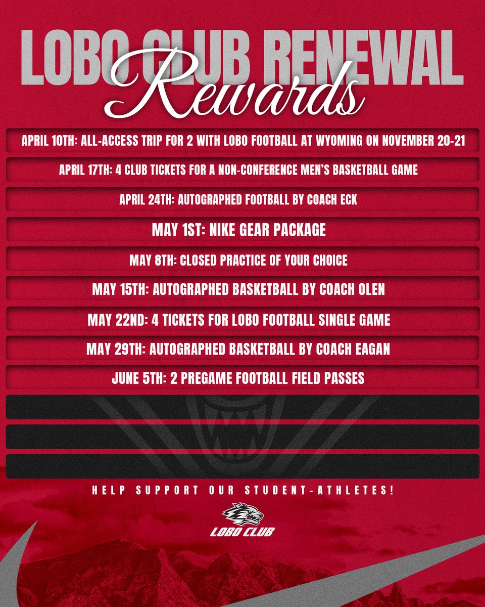 UNMLoboClub's tweet photo. Renewal Rewards are still going strong!

This week's prize: 2 pregame sideline passes for you and a guest! 🏈

Don't miss your chance to get closer to the action, renew your Lobo Club membership today to be entered to win!

*Game date must be mutually agreed upon* https://t.co/hHacEC4T4F