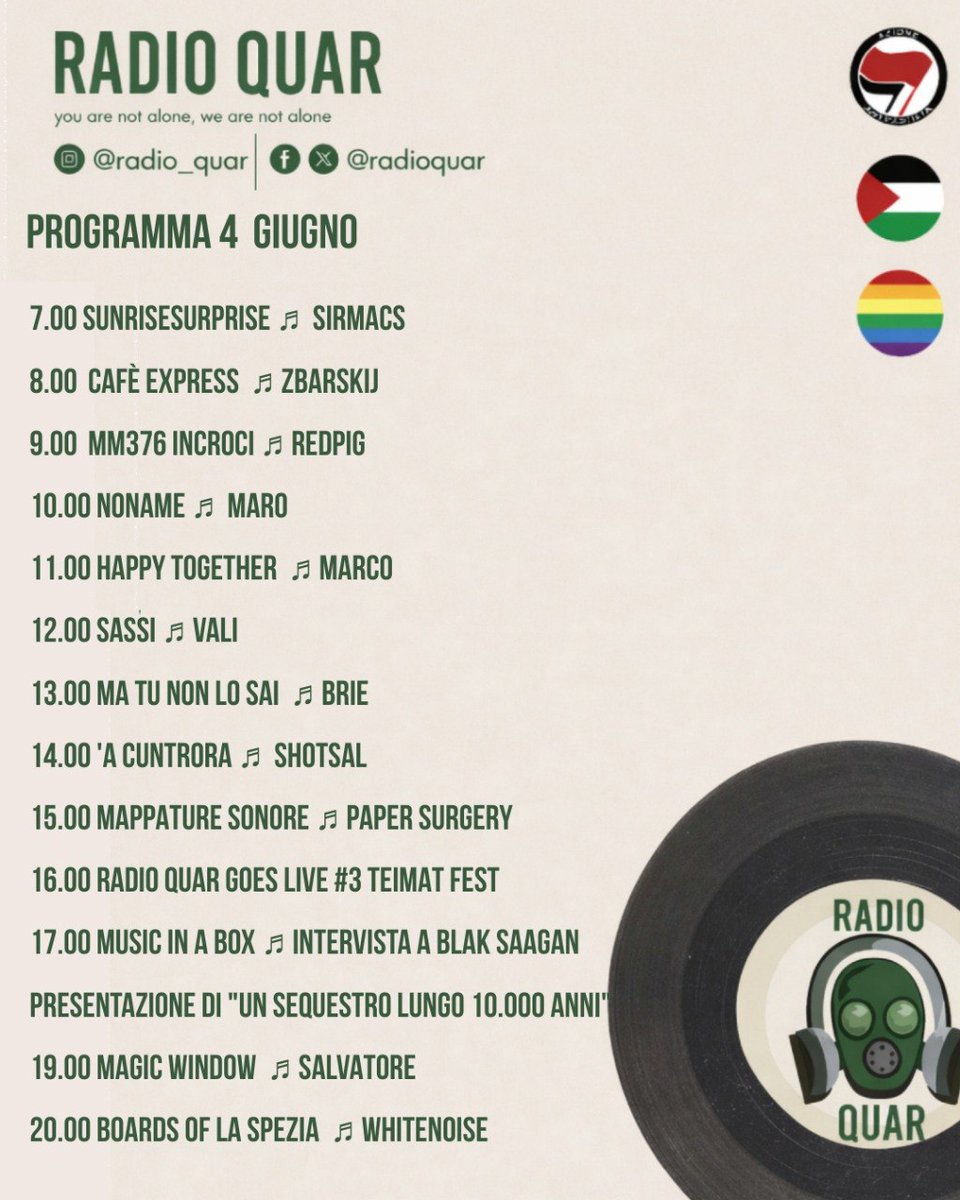 RadioQuar's tweet photo. Programma 4 Giugno

Sarà @sirmacs ad aprire la giornata con la sveglia alle 7.
Musica per tutti i gusti e ricordiamo due appuntamenti: alle 16 RadioQuar Goes Live con Teimat Fest e alle 17 in Music in a Box  l'intervista a Black Saagan.

Buon ascolto 📻 https://t.co/eERmSNuKV5