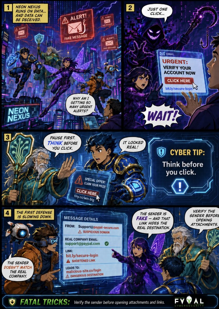 fatalcyber's tweet photo. Cyber Guardians: Think before you click.

Phishing messages are designed to look urgent, but the first defense is slowing down.

Verify the sender before opening attachments and links.

#Cybersecurity #Phishing #SecurityAwareness #FatalTricks https://t.co/eTFpmmddjj