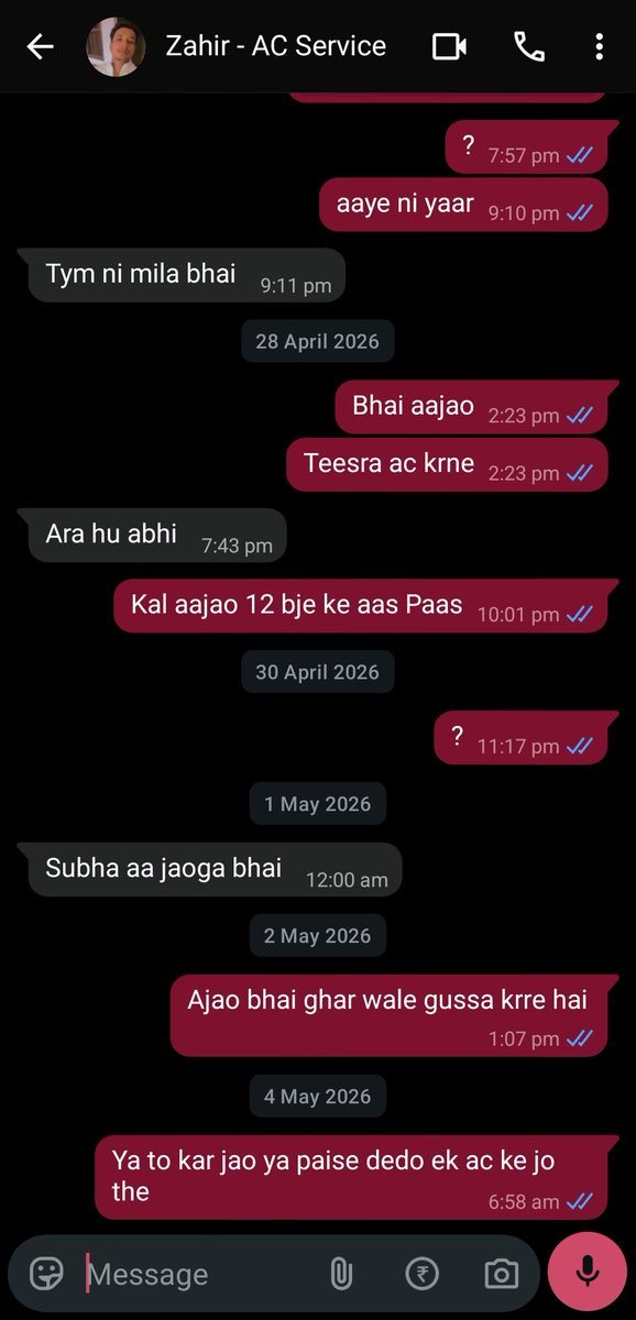 algothrim's tweet photo. @urbancompany_UC @UC_Assist
Your tech Zahir Khan took ₹1,626 for 3 ACs, only did 2 and BROKE one of them so badly it leaked water. He ghosted me, and your support bot is blocking me over a 'warranty'.
I have full WhatsApp proof. I expect a full refund and repair compensation NOW https://t.co/GuGe2K8zLq