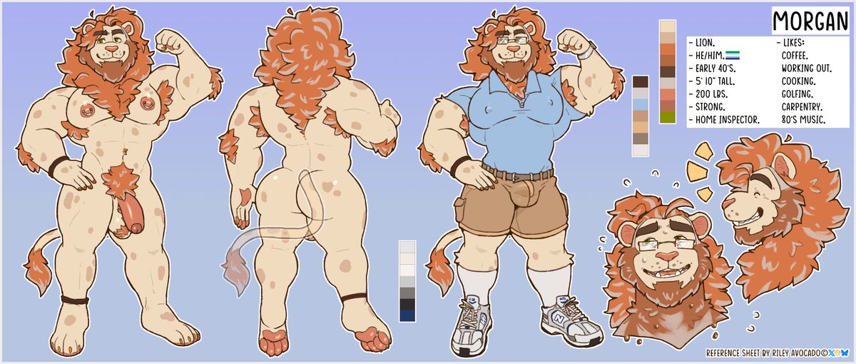 RileyAvocado's tweet photo. Big lion dad ready to invite you over his errands 🥴💦

Big reference sheet for @MaxwellLynx !! 

SFW alt below!! https://t.co/eWNp2fRaof