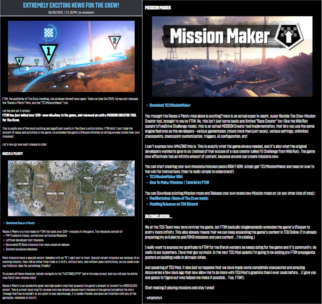 TheCanadianGTR's tweet photo. JUST IN: A new mod for The Crew 1, Races A Plenty, adds 520+ missions to the game, such as:
- PVP tracks
- Test missions
- Cut PC beta missions
- Summit tracks
- New community-made tracks

#TheCrew #TheCrew1 #TheCrew2 #TheCrewMotorfest #TC1 #TC2 #TCM #StopKillingGames #SKG https://t.co/Fqonqpga05