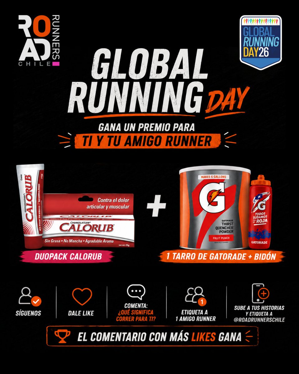 RoadRunnersCL's tweet photo. ¿Qué significa correr para ti?
Estamos celebrando el #GlobalRunningDay junto a @GatoradeChile y @Calorub
Tenemos premios para ti y tu partner runner.
Participa en nuestro Instagram:
@RoadRunnersCL https://t.co/QZJ4e7nRrF