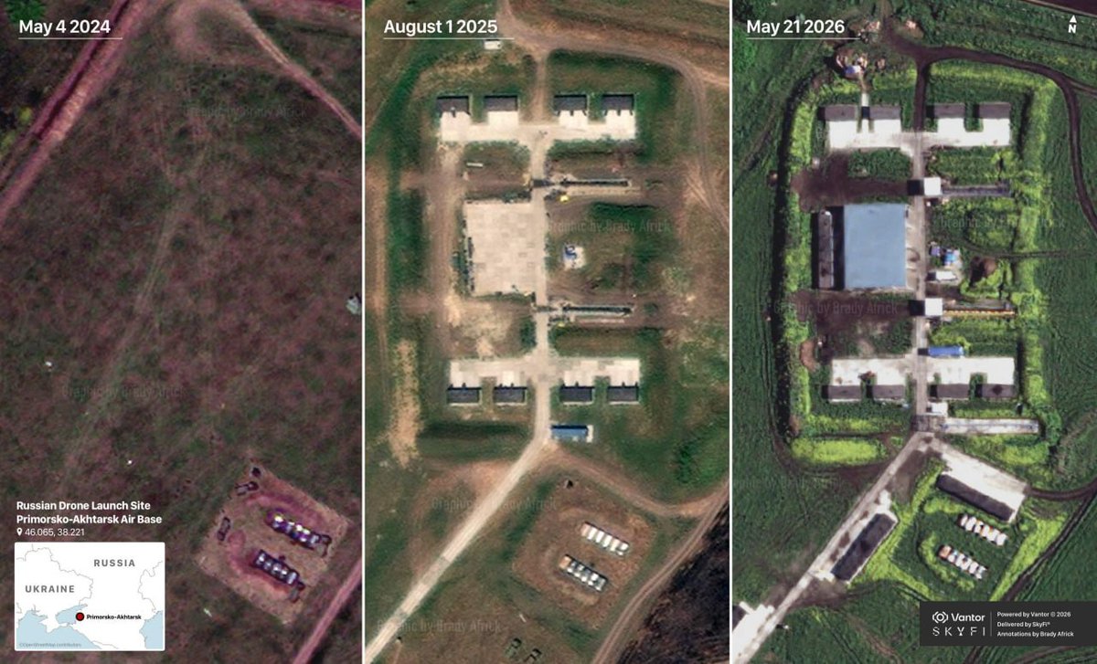 SU_57R's tweet photo. 🇷🇺🇺🇦 The Russian Primorsko-Akhtarsk airbase appears to be expanding its drone launching platforms to accommodate the new Geran-5 drones. 

Satellite imagery shows new launch platforms and storage sites being built on the territory of the airbase. https://t.co/HAPYcuBvxk