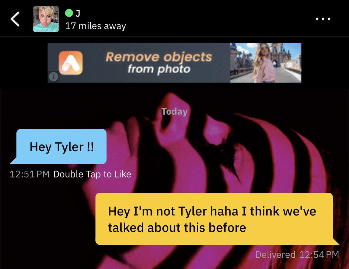 derek553's tweet photo. Every few weeks this person messages me from a new account and calls me Tyler and at this point she's kind of my sister https://t.co/jqDkDXFFCV