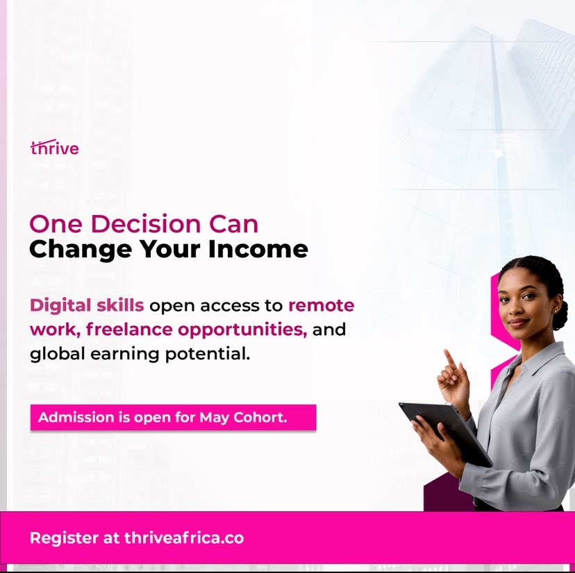 Thriveafrica1's tweet photo. Invest in skills today and create more possibilities for tomorrow.
Admission is open for the May Cohort.
Register at https://t.co/lru118fM7J
#Thrive #ThriveAfrica #Edutech #DigitalSkills #CareerGrowth https://t.co/BFAOKIYr3z