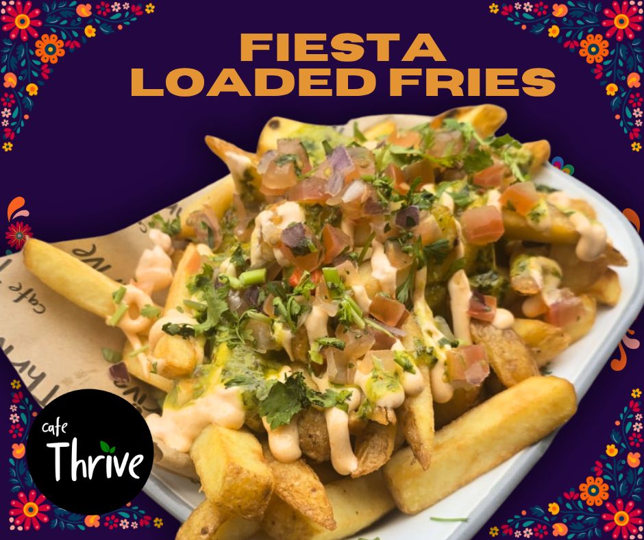 cafe_thrive's tweet photo. Fiesta Loaded Fries special! 🍟 Crispy skin-on fries topped with spicy mayo, chimichurri sauce, pico de gallo salsa &amp; fresh coriander. Party in every bite! Available now. Contains mustard/sulphites #CafeSpecial #Vegan #LoadedFries #MexicanFood https://t.co/RycvgnzlEA