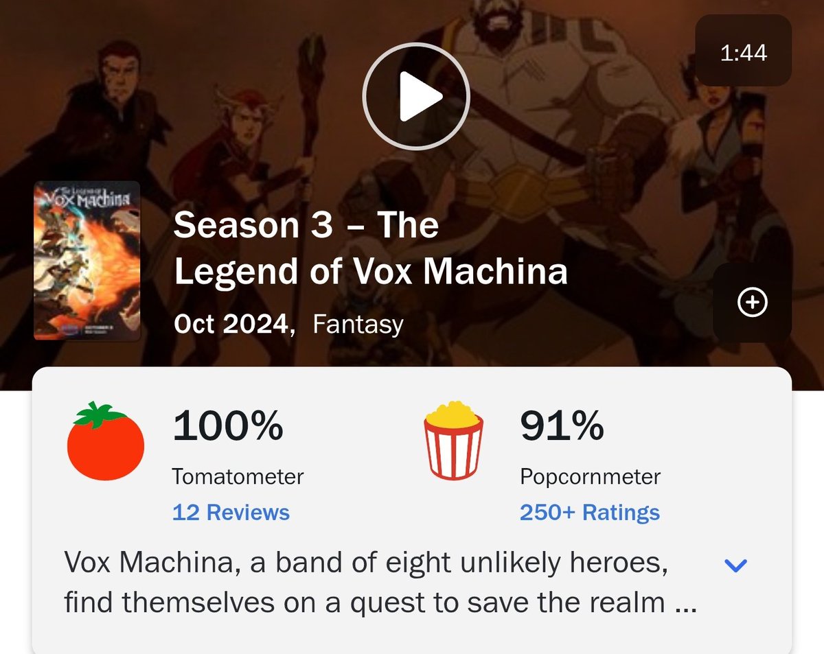 brotherdawn04's tweet photo. All 4 seasons of The Legend of Vox Machina are Fresh at 100%. Critical Role made history https://t.co/aCfR2BWSOB