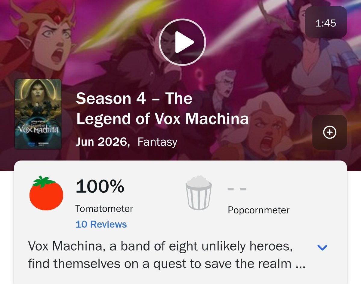 brotherdawn04's tweet photo. All 4 seasons of The Legend of Vox Machina are Fresh at 100%. Critical Role made history https://t.co/aCfR2BWSOB