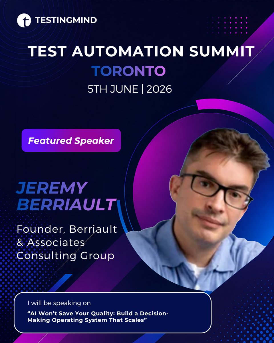 testingmindcon's tweet photo. AI can speed up testing… but can it improve quality without better decisions?

Jeremy Berrault explores how smarter decision-making systems can scale software quality at #TestAutomationSummit in Toronto on 5 June 2026.

Reg now: https://t.co/iq4DWjgwoR

#Testingmind #TAS https://t.co/IxKBKPpS3e