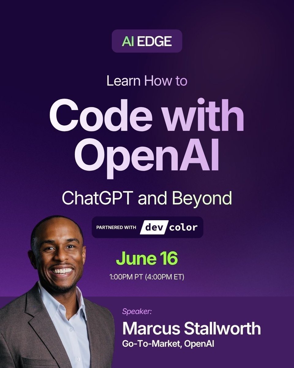 AfroTech's tweet photo. In “How to Code with OpenAI: ChatGPT and Beyond,”Marcus Stallworth of OpenAI breaks down how developers are using AI to move from idea to implementation faster.
💬 Tap the link 🔗 https://t.co/27Us4wrGDe to learn how developers are using AI. #AFROTECH #AIEDGE https://t.co/6bQgLSD7lO