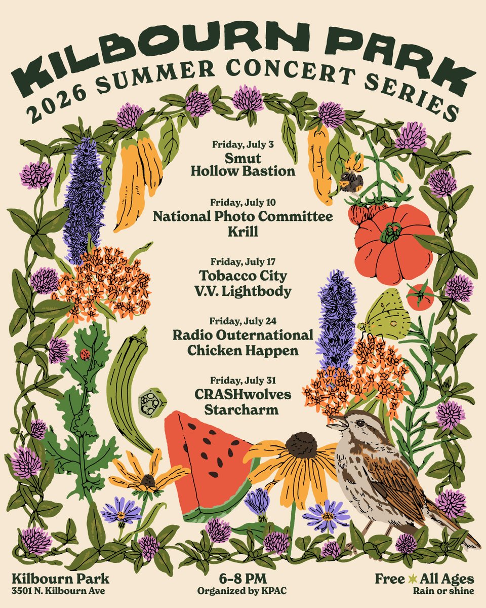 Nina_Corcoran's tweet photo. Chicago!! Here's your Kilbourn Park 2026 Summer Concert Series lineup 

Smut, Tobacco City, Krill, National Photo Committee, Hollow Bastion, V.V. Lightbody, Starcharm, Radio Outernational, and more local artists playing for free! 

6-8pm every Friday in July 

🎨 by Chi Nwosu https://t.co/YcgyN0Tex5