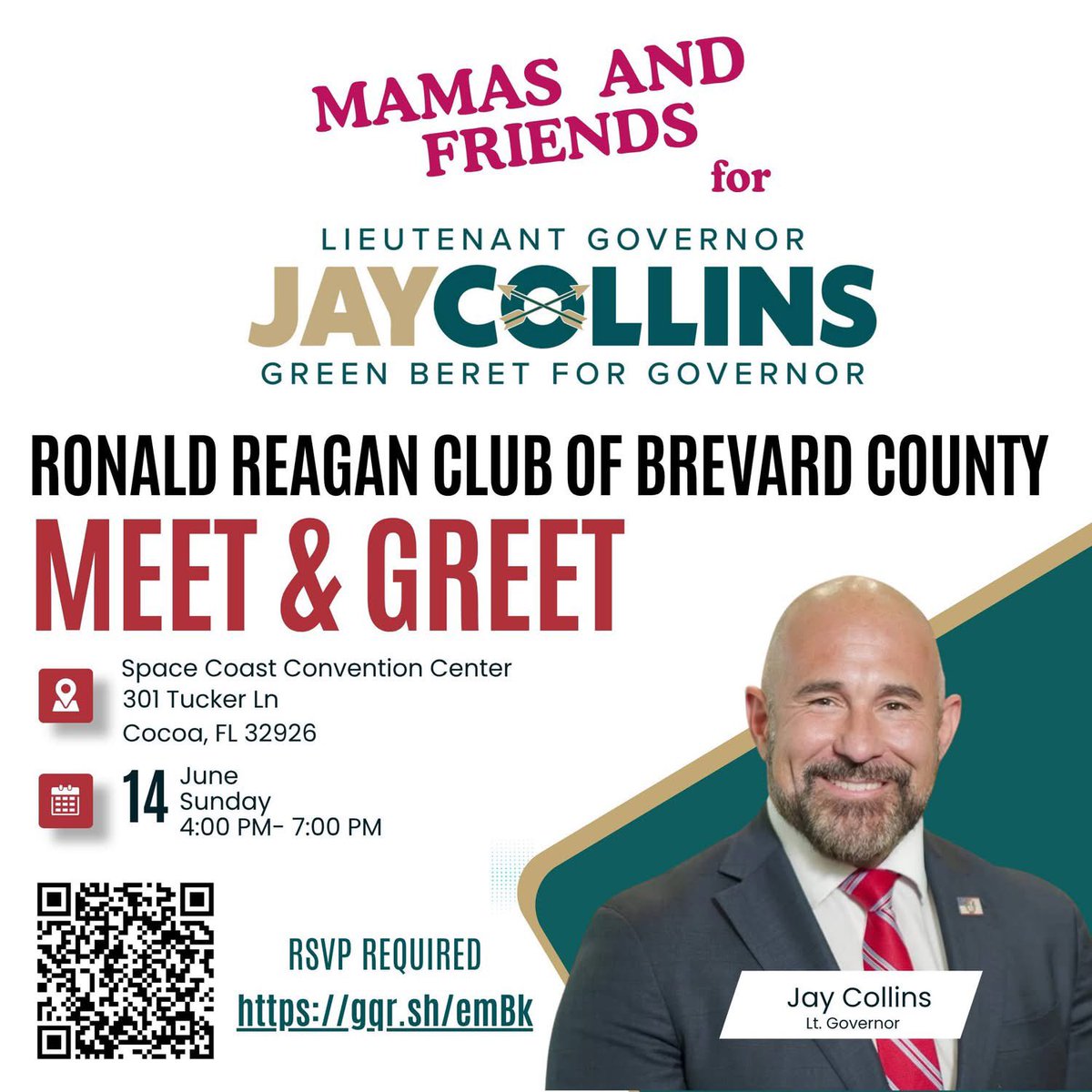 Collinslayla's tweet photo. 🚨 ATTENTION BREVARD AND SURROUNDING COUNTIES

Lt. Governor @JayCollinsFL is coming to your area on June 14th!

Details are below.  Please sign up as soon as possible.

https://t.co/XF9NADyjCR https://t.co/jryBLnxUl6