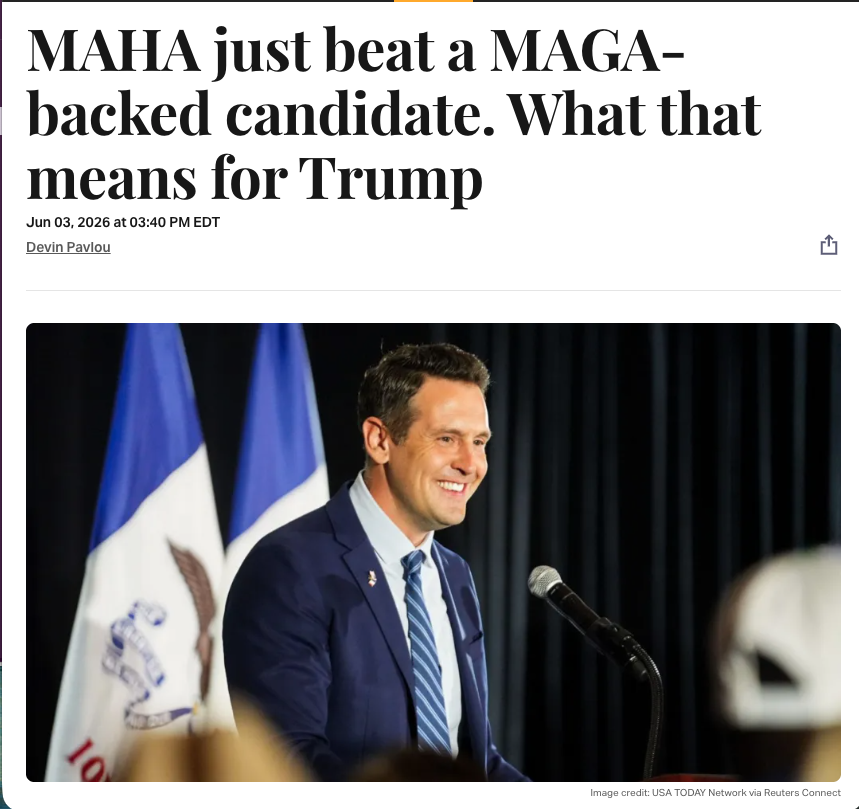 Azi's tweet photo. MAHA defeats MAGA in Iowa’s Republican gubernatorial primary.

Details via @Devinpavlou3 https://t.co/zqa08KW4OV