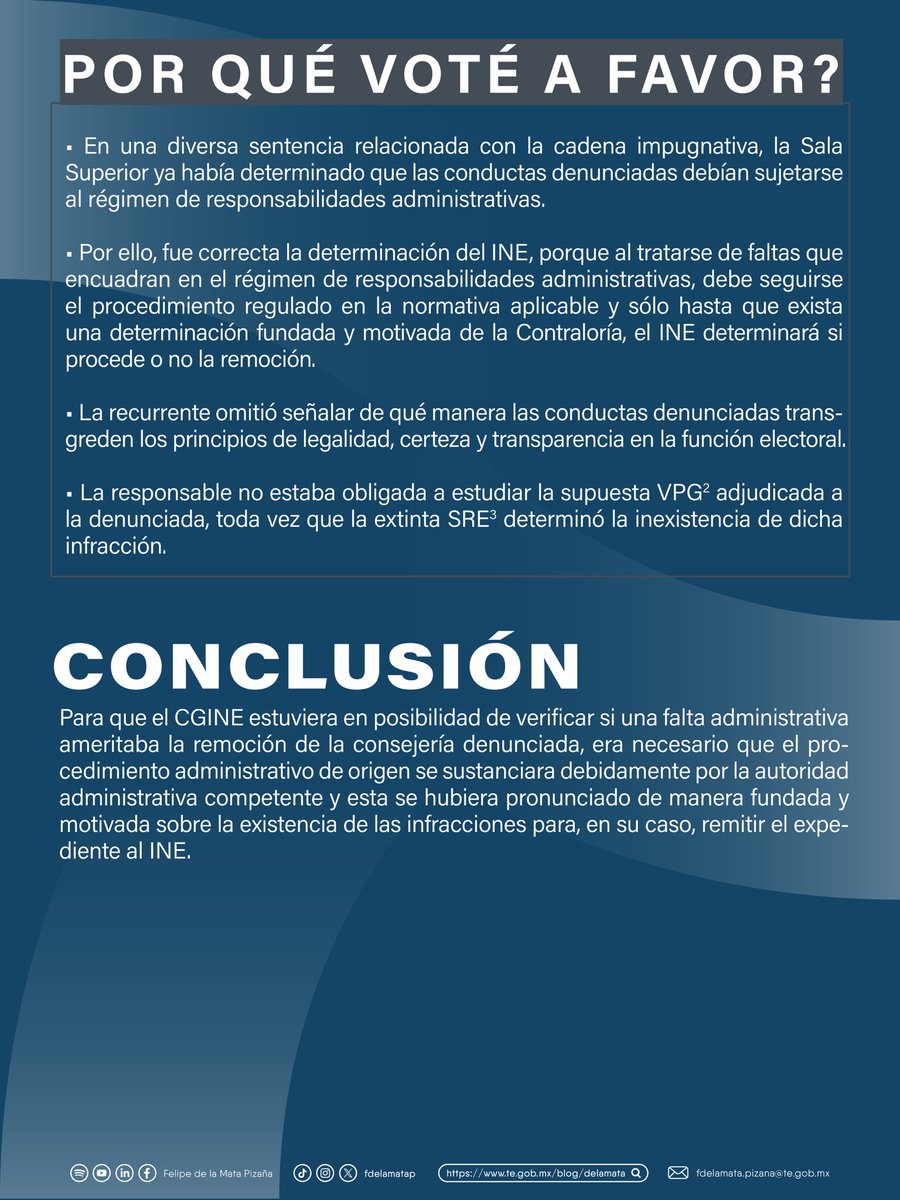 fdelamatap's tweet photo. ¿Qué se necesita para que proceda la remoción de una consejería electoral local? 

En el SUP-RAP-115/2026, la Sala Superior estudió un recurso promovido contra una decisión del Consejo General del @INEMexico relacionada con la Presidencia del OPLE Oaxaca.

La resolución confirmó que no era posible analizar una eventual remoción sin que existiera previamente una determinación fundada sobre las irregularidades denunciadas.

Más detalles en la infografía. 👇🏼