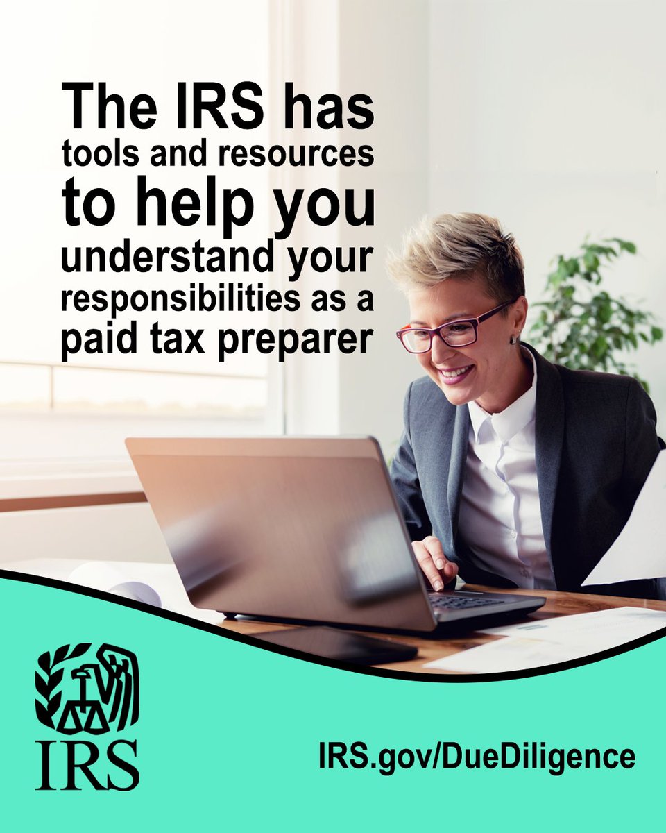 IRStaxpros's tweet photo. #TaxPros: Due diligence means asking the right questions, keeping thorough records and protecting your practice. The #IRS has tools and resources to help you stay compliant and avoid penalties: https://t.co/cx6v75QN6T https://t.co/nQytVWCpBH