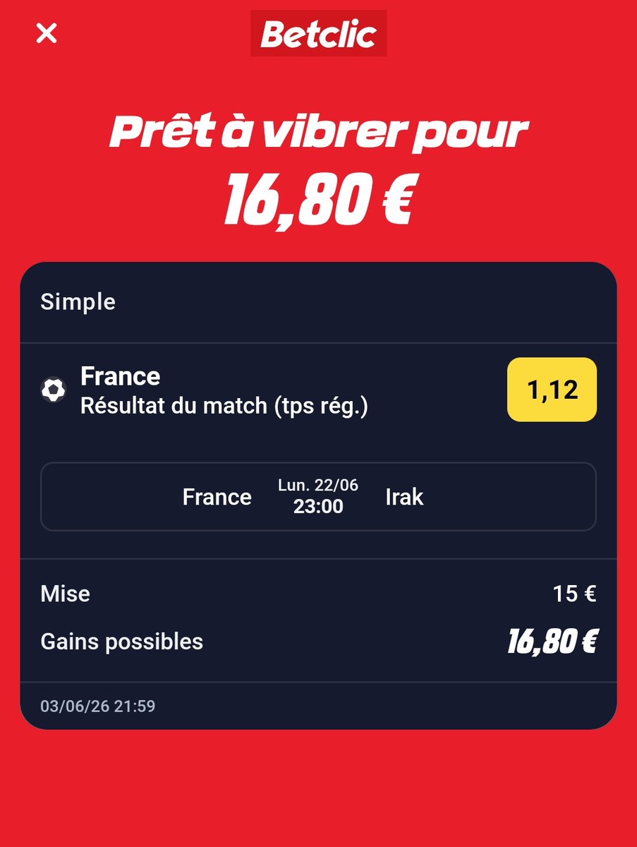 BlazboxProno's tweet photo. TICKET LONG TERME ⏳🔥

Voici notre sélection la plus "safe" du combiné. Franchement, j'ai du mal à imaginer l'Irak battre la France 😅

Chaque jour (ou pas), nous ajouterons de nouvelles sélections pour faire grimper la cote jusqu'à ≈@70

Si tu suis l'aventure, LIKE ❤️ ! https://t.co/6e3JWTuHyK