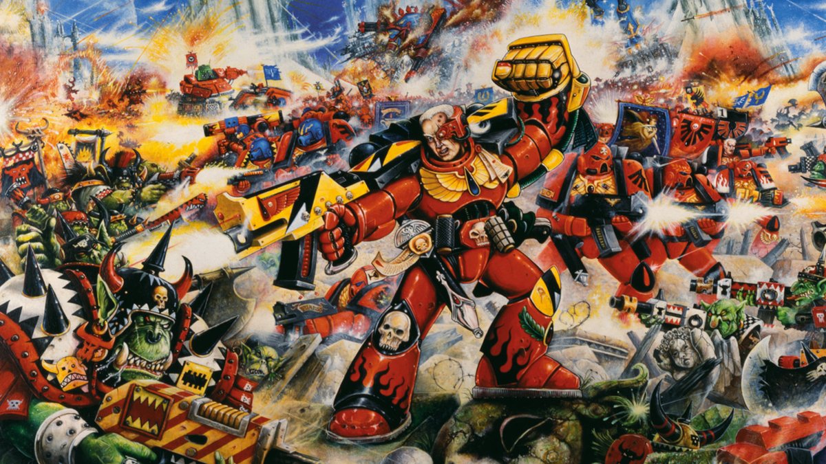 AudeNYuno's tweet photo. As a kid, I walked by this art on the box for Warhammer 40k 2nd Edition at a Hobby Town USA in 1995.

Without his art grabbing my attention, I would've missed out on decades of loving this hobby and never become the painter that I am today.

RIP John Blanche, you will be missed. https://t.co/6dpnCtbHyu