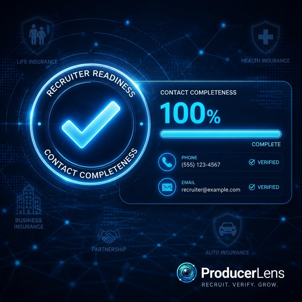 ProducerLensAI's tweet photo. Stop dialing disconnected numbers. 📵 Our Recruiter Readiness Score rewards completeness. We prioritize agents with verified contact info so you spend more time talking and less time searching. #Efficiency #Recruiting #ProducerLens #DataQuality https://t.co/y416lH1oW0